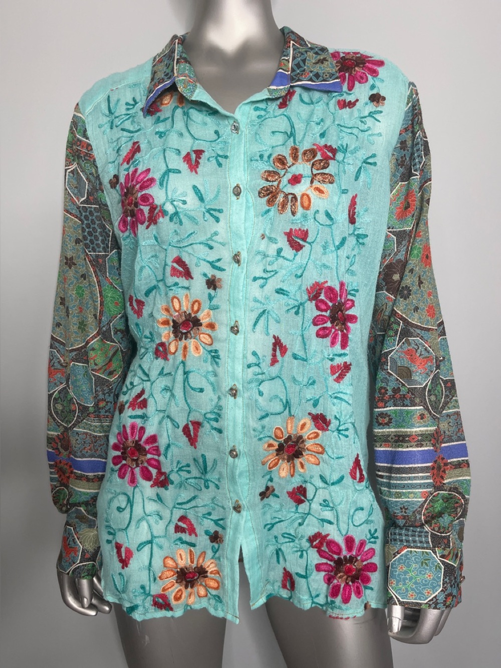 CYRENA Anthropologie Teal Green MultiColor Long Sleeve Shirt